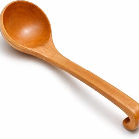 Long-handled wooden spoon with deep bowl